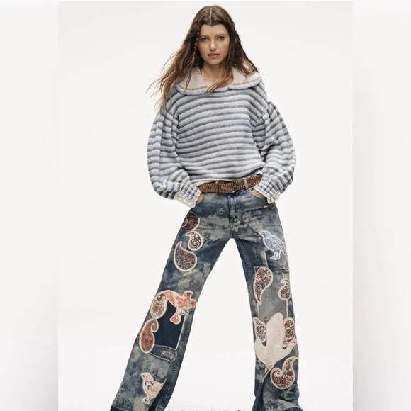 Free People Flying High Patched Jeans We The Free Embroidered Birds Print Blue - Picture 5 of 7